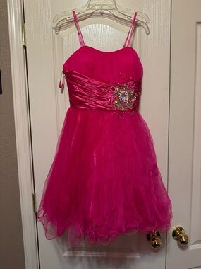Hot Pink Spaghetti-Strap Midi Dress with Embellished Waist